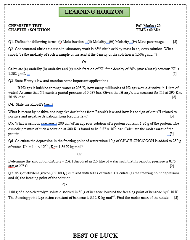 TEST PAPER : SOLUTION CHAPTER