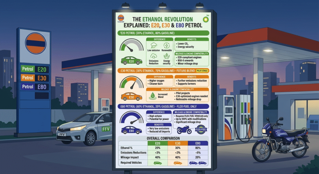 E20 E30 & E80 Petrol Explained: Difference, Benefits, Mileage & Engine Compatibility